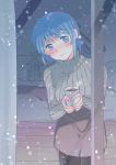  1girl ai_ai_gasa blue_eyes blue_hair blush mahou_shoujo_madoka_magica miki_sayaka momoko_(palemon) ribbed_sweater short_hair snowing sweater turtleneck window 