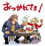  1boy 1girl beer_mug blonde_hair brown_hair facial_hair fate/apocrypha fate_(series) fried_chicken goatee jacket mgk968 ponytail red_jacket saber_of_red scar shishigou_kairi short_shorts shorts sunglasses tubetop 