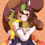  1girl animal_ears brown_hair futatsuiwa_mamizou glasses highres leaf leaf_on_head nioti pince-nez raccoon_ears raccoon_tail red_eyes scarf smile tail tanuki touhou 