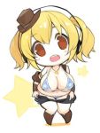  1girl bikini blonde_hair blush breasts chibi cleavage hat headphones huge_breasts looking_at_viewer lowres minoa_(lastswallow) navel nitroplus open_mouth orange_eyes plump short_hair smile solo super_pochaco swimsuit twintails undressing 