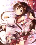 1girl anchor arched_back breasts brown_eyes brown_hair cherry_blossoms headgear holding kantai_collection kyuri_(405966795) large_breasts long_hair looking_at_viewer looking_to_the_side microskirt oriental_umbrella petals skirt smile solo tree_branch twitter_username umbrella very_long_hair white_background wind wind_lift yamato_(kantai_collection) 