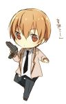  1boy angel_beats! brown_hair chibi gun nishinomiya_saku otonashi_(angel_beats!) school_uniform short_hair weapon 
