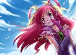  1girl arm_on_shoulder arm_warmers bad_id butterfly cure_dream earrings gloves hair_ornament hair_rings jewelry long_hair magical_girl pink_hair precure ribbon short_sleeves solo tears torn_clothes twintails violet_eyes yes!_precure_5 yes!_precure_5_gogo! 
