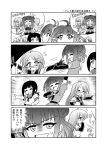  4girls 4koma @_@ bare_shoulders blush comic commentary_request double_bun elbow_gloves english flying_sweatdrops fubuki_(kantai_collection) gloves kantai_collection kinugasa_(kantai_collection) long_hair microphone monochrome multiple_girls naka_(kantai_collection) neckerchief sailor_dress samidare_(kantai_collection) school_uniform serafuku short_hair short_ponytail smile sweat translation_request wakabayashi_makoto 