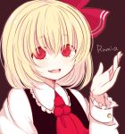  1girl ascot bianco_(mapolo) blonde_hair character_name fang hair_ornament hair_ribbon long_sleeves looking_at_viewer open_mouth portrait red_eyes ribbon rumia shirt short_hair simple_background smile solo touhou 