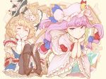  3girls alice_margatroid blonde_hair bloomers blue_eyes blush boots bow crescent_hair_ornament elbow_rest hair_ornament hat hat_bow kirisame_marisa multiple_girls one_eye_closed patchouli_knowledge purple_hair ryuhey smile sweatdrop touhou underwear violet_eyes witch_hat 