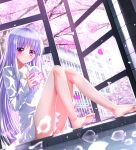  1girl absolute_duo ahoge alternate_hair_color barefoot breasts cherry_blossoms cleavage collarbone cup dress_shirt dutch_angle fish highres holding long_hair long_sleeves mug naked_shirt open_window petals pink_eyes purple_hair shirt sitting smile solo swordsouls transparent very_long_hair window yurie_sigtuna 