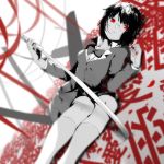  1girl black_hair bob_cut durarara!! glasses highres monochrome red_eyes school_uniform short_hair skirt solo sonohara_anri spot_color sword teario weapon 