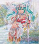  1girl aqua_eyes aqua_hair armor blush column dragon hatsune_miku in_water mayo_riyo midriff pillar sword twintails vocaloid weapon 