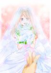  1girl blue_eyes bride brown_hair dress flower haruka_(pokemon)_(remake) holding jewelry kazayuu_(yuuri) long_hair pokemon pokemon_(game) pokemon_oras reaching ring rose smile wedding_dress 