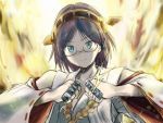  1girl black_hair blue_eyes brass_knuckles detached_sleeves fire glasses hairband highres kantai_collection kirishima_(kantai_collection) nontraditional_miko short_hair sketch smile solo suna_nezumi weapon 