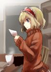  1girl alice_margatroid alternate_costume blonde_hair blue_eyes casual chair cup hairband lolita_hairband long_sleeves mitsunara solo sweater table teacup touhou turtleneck 