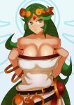 1girl bare_shoulders belt bracelet breasts cleavage green_eyes green_hair highres jewelry kid_icarus kid_icarus_uprising long_hair looking_at_viewer palutena parted_lips simple_background smile solo splashbrush very_long_hair white_background 