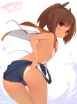  1girl ass breasts brown_eyes brown_hair highres i-401_(kantai_collection) kantai_collection one-piece_swimsuit ponytail sideboob small_breasts solo swimsuit swimsuit_pull tan tanline watanohara 
