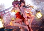  2girls as109 back-to-back black_hair digital_media_player dutch_angle gohei headphones japanese_clothes lantern long_hair looking_at_viewer miko multiple_girls open_mouth pink_eyes purple_hair sandals short_hair shrine socks stairs thigh-highs torii 