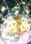  1girl breasts crossed_arms dress ghost ghost_tail green_eyes green_hair grin hat highres inbe lightning long_sleeves looking_at_viewer ofuda short_hair smile soga_no_tojiko solo tate_eboshi touhou 