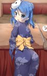  1girl blue_eyes blue_hair gun japanese_clothes kantai_collection kimono looking_back mask rifle rong_yi_tan urakaze_(kantai_collection) weapon yukata 