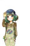  1girl :o alternate_costume blue_eyes blush brown_gloves contemporary dress gloves green_hair hair_bobbles hair_ornament hand_on_headwear hat kawashiro_nitori long_sleeves mini_kibou multicolored_eyes pants screwdriver shirt short_hair simple_background solo touhou twintails white_background wrench yellow_eyes 