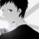  1boy black_hair blue_eyes durarara!! highres looking_back ryuugamine_mikado short_hair solo spot_color teario 