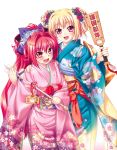  2girls absurdres blonde_hair blush corticarte_apa_lagranges dress flower hair_ornament hairpin hand_on_hip happy highres japanese_clothes kannatsuki_noboru kimono long_hair multiple_girls open_mouth orange_eyes red_eyes redhead shinkyoku_soukai_polyphonica side-by-side thigh-highs yugiri_perserte 