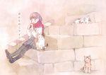  1girl cat eating food long_hair onigiri open_mouth original scarf school_uniform serafuku yuu_(plasm) 