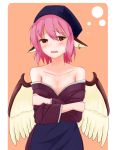  1girl bandana bare_shoulders bird_ears blush brown_eyes bust crossed_arms feathered_wings japanese_clothes jewelry kimono looking_at_viewer mystia_lorelei off_shoulder okamisty open_mouth orange_background pink_hair pokio short_hair single_earring solo touhou undressing wings 