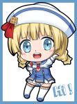  1girl blonde_hair blue_eyes blush braid chibi dixie_cup_hat hat looking_at_viewer military_hat monster_hunter monster_hunter_3_g open_mouth quest_receptionist_(monster_hunter_3_ultimate) smile solo thigh-highs twin_braids white_legwear whitewisewolf 