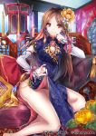  1girl barefoot brown_hair china_dress chinese_clothes cushion dress earrings flower hair_flower hair_ornament interitio jewelry legs long_hair red_eyes sitting smile solo 