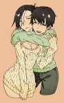  1boy 1girl black_hair black_hood blue_eyes breasts cleavage closed_eyes cowboy_shot highres hug kamezaemon multicolored_hair no_pants open-chest_sweater original ribbed_sweater sweater two-tone_hair white_hair 