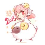  1girl blush chibi headphones horns long_hair looking_at_viewer lowres minoa_(lastswallow) new_year nitroplus one_eye_closed pink_hair sheep sheep_girl sheep_horns smile solo super_sonico wool year_of_the_ram 