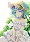  1girl artist_name blue_eyes blue_hair blush chromatic_aberration closed_mouth commentary_request dated day dress flower frown hat hat_flower highres layered_dress leaf original rugo shiny shiny_hair short_hair solo strapless strapless_dress sunlight v_arms white_dress white_flower white_hat 