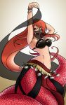  1girl :d artist_request bangle bracelet breasts dancing drawfag fangs gradient gradient_background highres jewelry lamia long_hair miia_(monster_musume) monster_girl monster_musume_no_iru_nichijou open_mouth orange_eyes redhead scales slit_pupils smile solo veil very_long_hair 