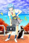  1girl autumn autumn_leaves ayanami_rei bag blue_eyes blue_sky e-senmio hand_on_hip leaf looking_at_viewer nature neon_genesis_evangelion open_mouth penpen red_eyes school_uniform skirt sky sly solo tree white_shoes 
