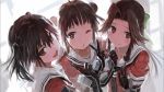  3girls blush bob_(biyonbiyon) brown_eyes brown_hair hair_bun hair_ribbon highres jintsuu_(kantai_collection) kantai_collection long_hair looking_up multiple_girls naka_(kantai_collection) official_art orange_clothes ribbon screencap sendai_(kantai_collection) turret twintails v wink 