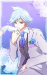  1boy blue_eyes flower gloves groom hair jewelry kazayuu_(yuuri) kiss_on_hand pokemon pokemon_(game) pokemon_oras ring short silver_hair tsuwabuki_daigo 