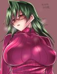  1girl brown_background glasses green_hair long_hair original red_eyes ribbed_sweater simple_background solo sweater tokita_monta translation_request turtleneck 