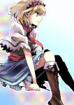  1girl alice_margatroid ascot blonde_hair blue_dress blue_eyes boots brown_boots capelet cross-laced_footwear dress hairband lace-up_boots mitsunara open_mouth short_hair sitting touhou 