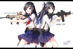  2girls absurdres acog allenes angled_foregrip aqua_eyes ar-15 artist_name assault_rifle black_hair eotech gun hair_ribbon highres holster lavender_eyes letterboxed m4_carbine multiple_girls original ribbon rifle school_uniform serafuku thigh-highs thigh_holster twintails vertical_foregrip weapon zettai_ryouiki 