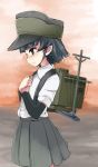  1girl arare_(kantai_collection) arm_warmers black_hair brown_eyes collared_shirt grey_skirt hands_on_own_chest hat highres kantai_collection machinery noa_(nagareboshi) profile short_hair short_sleeves skirt solo suspenders tears water 