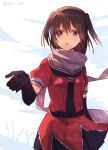  1girl brown_eyes brown_hair gloves kantai_collection miya_(hixi) scarf sendai_(kantai_collection) short_hair uniform 