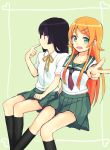  2girls black_hair blue_eyes gokou_ruri kousaka_kirino large_cat_(art_dream1) long_hair multiple_girls orange_hair ore_no_imouto_ga_konna_ni_kawaii_wake_ga_nai school_uniform serafuku sitting v 