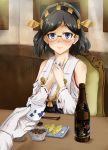  1girl admiral_(kantai_collection) black_hair blue_eyes blush bottle cup detached_sleeves food glasses gloves hairband japanese_clothes kanata_ryou kantai_collection kirishima_(kantai_collection) looking_at_viewer nontraditional_miko pov_across_table semi-rimless_glasses short_hair smile solo_focus table under-rim_glasses white_gloves 