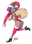  1girl ass bigdead93 blue_eyes christmas dark_skin earrings full_body hat highres jewelry leotard long_hair open_mouth pointy_ears pointy_shoes purple_hair red_eyes running sack santa_costume santa_hat shantae shantae_(character) smile solo thigh-highs 