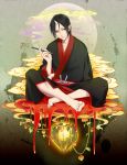 1boy barefoot black_eyes black_hair chimachi highres hoozuki_(hoozuki_no_reitetsu) hoozuki_no_reitetsu horn japanese_clothes male_focus oni pipe pointy_ears 