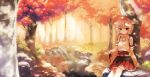  1girl against_tree animal_ears autumn autumn_leaves bare_shoulders dappled_sunlight detached_sleeves forest hat hat_removed headwear_removed highres inubashiri_momiji long_sleeves nature pom_pom_(clothes) red_eyes river sash shinoba shirt sitting skirt solo tokin_hat touhou tree wide_sleeves wolf_ears 