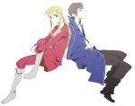  2boys back-to-back blonde_hair boots brown_hair coat grey_eyes hands_in_pockets kazune_(baumkuchen) multiple_boys ponytail sitting smile umineko_no_naku_koro_ni ushiromiya_lion willard_h_wright yellow_eyes 