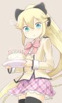  &gt;:o 1girl :o birthday_cake black_legwear black_ribbon blonde_hair blue_eyes blush braid cake candle cowboy_shot dated dot_nose flying_sweatdrops food frilled_skirt frills frown grey_background hair_between_eyes hair_ribbon high_ponytail holding kanojo_ga_flag_wo_oraretara long_hair long_sleeves looking_at_viewer nagian nanami_k_bladefield neck_ribbon pink_ribbon plaid plaid_skirt plate pleated_skirt ponytail ribbon school_uniform signature simple_background skirt solo thigh-highs very_long_hair zettai_ryouiki 