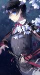  black_hair blue_eyes flower horikawa_kunihiro_(touken_ranbu) katana lyodi short_hair solo sword touken_ranbu weapon 