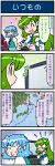  2girls 4koma artist_self-insert blue_hair breasts camera clenched_teeth closed_eyes comic commentary detached_sleeves frog_hair_ornament green_eyes green_hair hair_ornament heart highres kochiya_sanae large_breasts map mizuki_hitoshi multiple_girls open_mouth real_life_insert smile snake_hair_ornament sweat tatara_kogasa tears television touhou translated weather whistle 