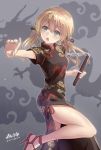  1girl :o alternate_costume blonde_hair blue_eyes chinese_clothes d-style_wed dragon fighting_stance hair_ornament kantai_collection no_hat nunchaku one_leg_raised prinz_eugen_(kantai_collection) short_sleeves side_ponytail solo twintails twitter_username weapon 